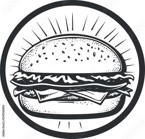 Black and white hand-drawn illustration of a classic hamburger with cheese and lettuce inside a circular frame