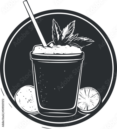 Illustration of a refreshing cocktail with straw, mint leaves and citrus fruits in a glass