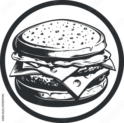 Black and white illustration of a classic cheeseburger with sliced cheese and sesame seed bun