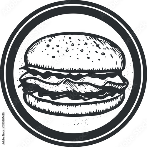 Black and white vintage style illustration of a classic cheeseburger with sesame bun and beef patty