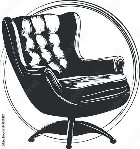 Black and white illustration of a vintage tufted armchair with cushioned seat and backrest