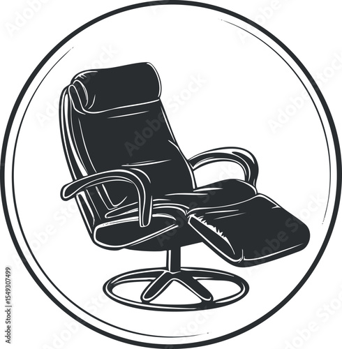Illustration of a comfortable modern recliner chair with armrests and cushioned seat inside a circular frame
