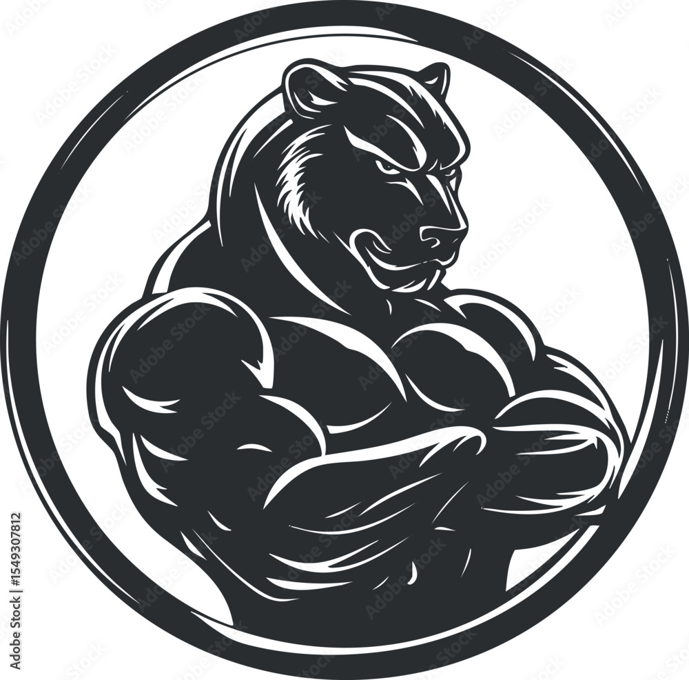 Obraz premium Illustration of a muscular and fierce black panther with crossed arms inside a circle emblem