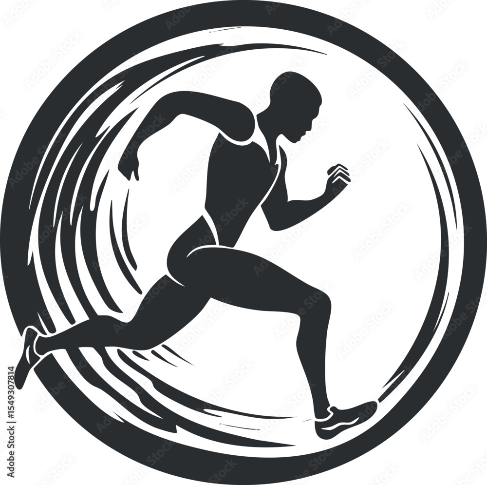 Silhouette of a male runner sprinting inside a dynamic circular motion background symbolizing speed and energy Silhouette of a male runner sprinting inside a dynamic circular motion background symbolizing speed and energy