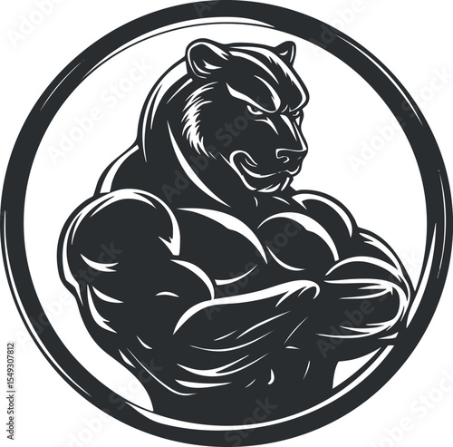 Illustration of a muscular and fierce black panther with crossed arms inside a circle emblem