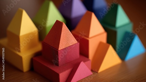 Colorful, geometric shapes arranged in a miniature city