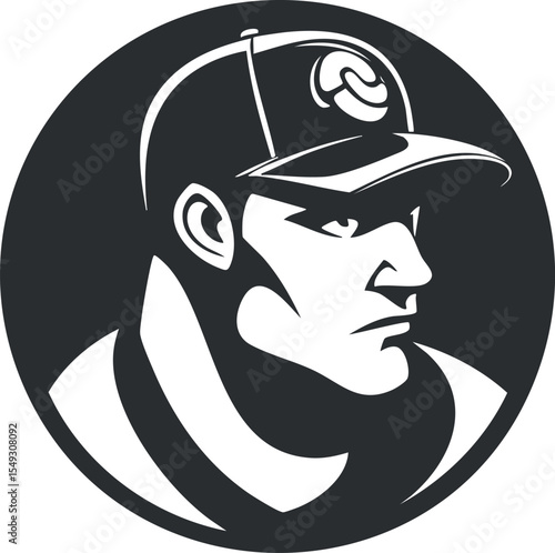 Monochrome stylized portrait of a baseball player wearing a cap in a circular frame