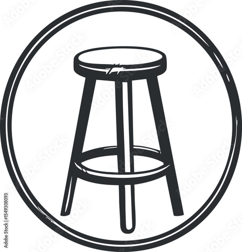 Black and white icon of a simple round wooden stool with four legs inside a circular border