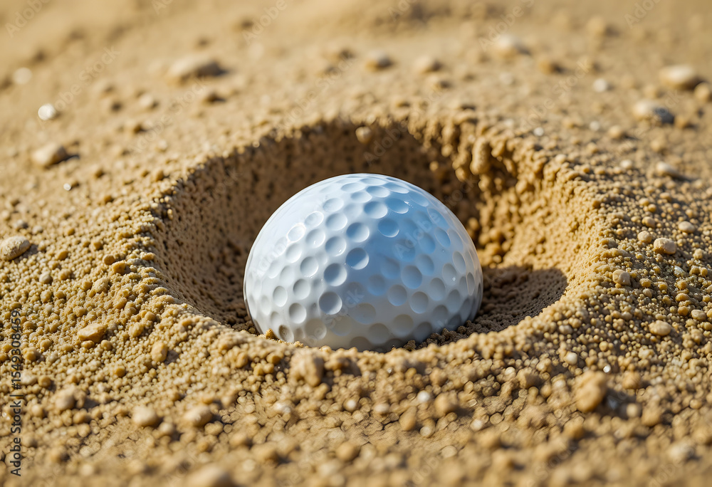 A golf ball is half-submerged in the coarse sand of a bunker, presenting a challenging lie on the golf course. A golf ball is half-submerged in the coarse sand of a bunker, presenting a challenging lie on the golf course.