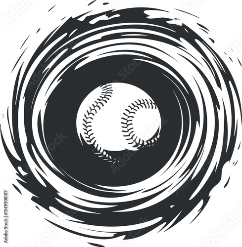 Black and white illustration of a baseball ball in the center of a swirling vortex pattern symbolizing motion and energy