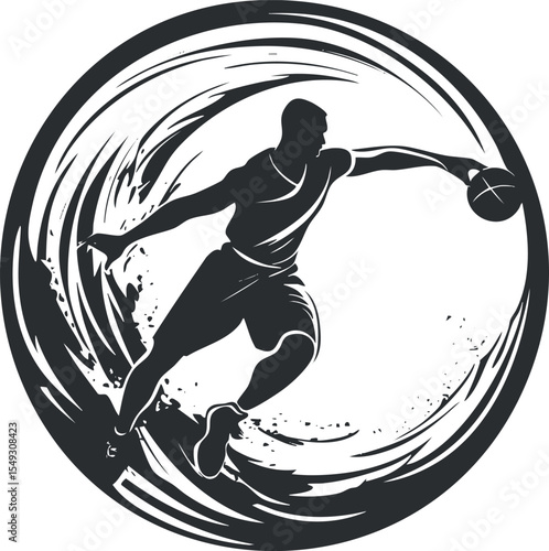 Dynamic black and white silhouette of a basketball player dribbling the ball in action