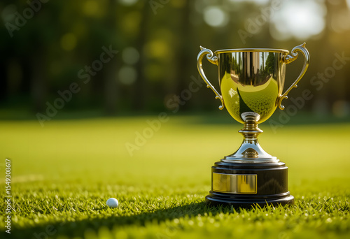 A gleaming golf trophy stands tall on the green, with a lone golf ball nearby, creating a moment of anticipation and high stakes before a decisive putt.