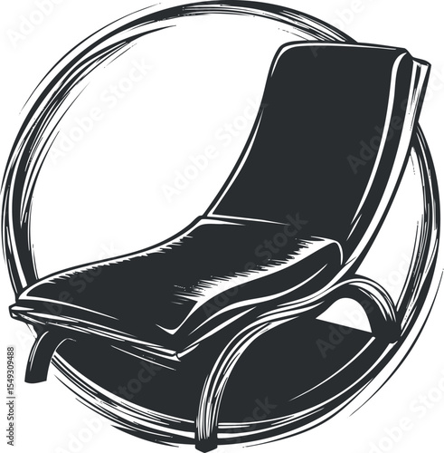 Black and white artistic illustration of a modern lounge chair with wooden frame and cushioned seat