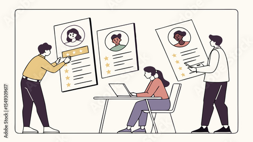 Discussing qualifications and feedback with focus, Businessperson review candidate profiles,