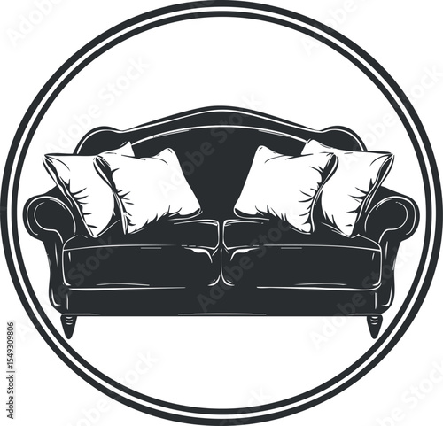 Black and white vector illustration of a classic sofa with cushions inside a circular frame