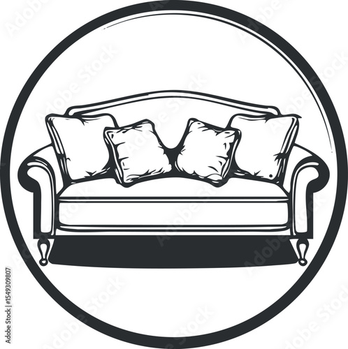 Black and white line art illustration of a classic sofa with four pillows in a circular frame