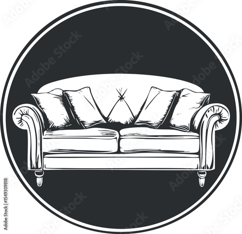 Illustration of a classic sofa with cushions in a circular frame, suitable for home interior and furniture design concepts