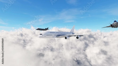 An aerial view of two unmarked fighter jets escorting a commercial airplane as it enters restricted foreign airspace.