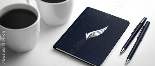 Elegant Notebook and Coffee Cups on a Minimalist Workspace Surface