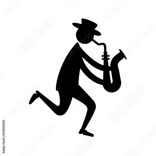 black silhouette of a busking saxophonist on white.svg