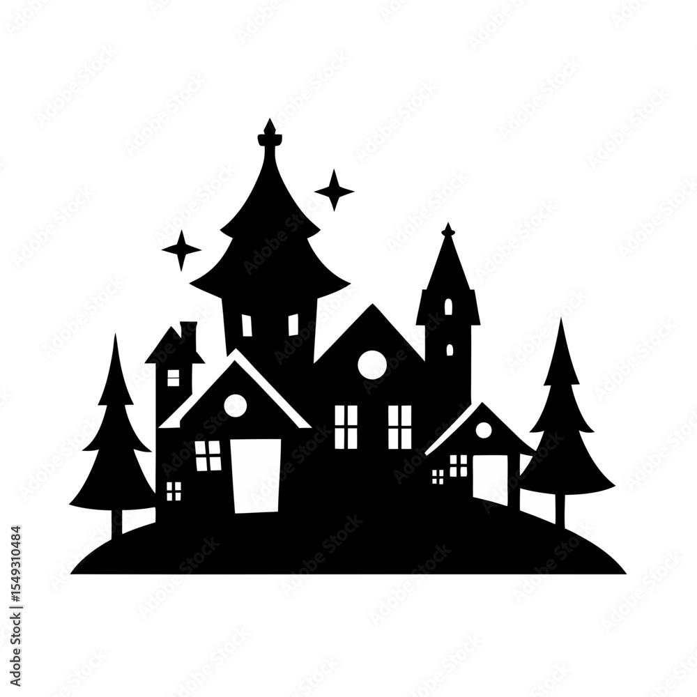 Obraz premium black silhouette of a christmas village on white b.svg