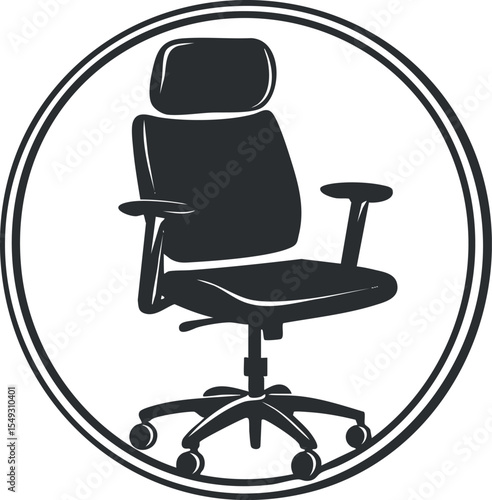 Black office chair with headrest and armrests inside a circular frame isolated on white background