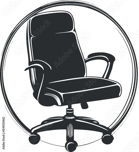 Black swivel office chair with armrests and wheels inside a circular frame illustration