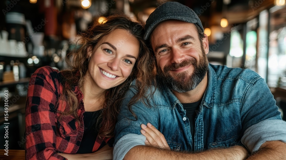 Fototapeta premium A joyful couple smiling at the camera, sitting close together in a cozy café, capturing a moment of love, companionship, and the warmth of shared experiences.