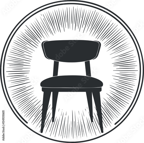 Silhouette of a modern wooden chair with backrest inside a circular frame with radiating lines