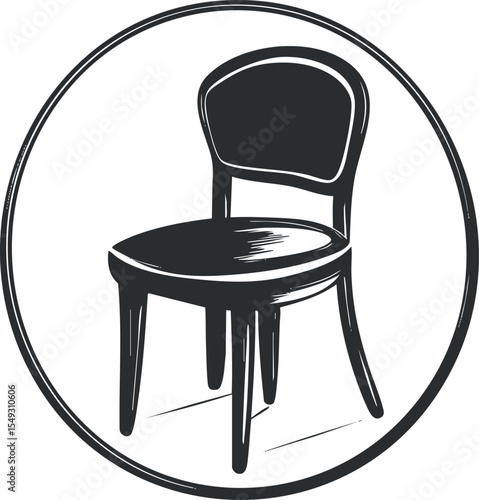 Black and white line art illustration of a classic wooden chair with a round backrest inside a circular frame