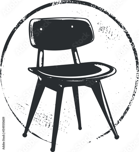 Black silhouette of a classic wooden chair with backrest and four legs inside a grunge circle frame