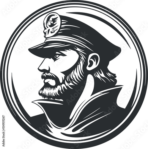 Black and white illustration of a bearded sea captain in profile wearing a uniform hat and coat inside a circular frame