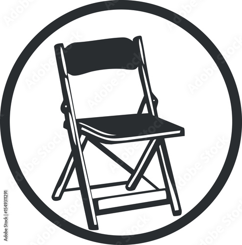 Black and white icon of a folding chair with backrest inside a circular frame symbolizing portable seating furniture