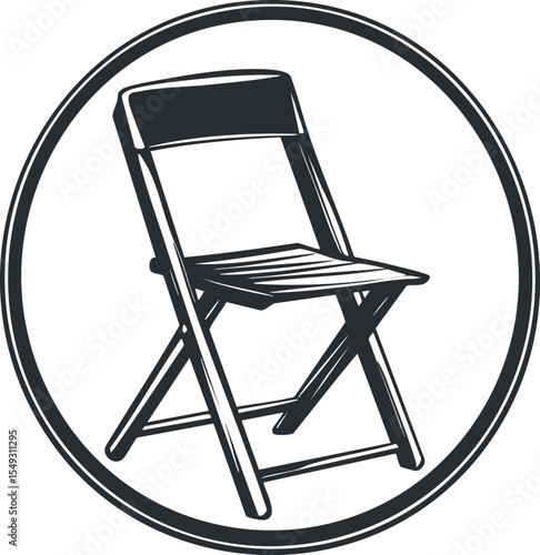 Black and white illustration of a classic wooden folding chair with backrest isolated on white background