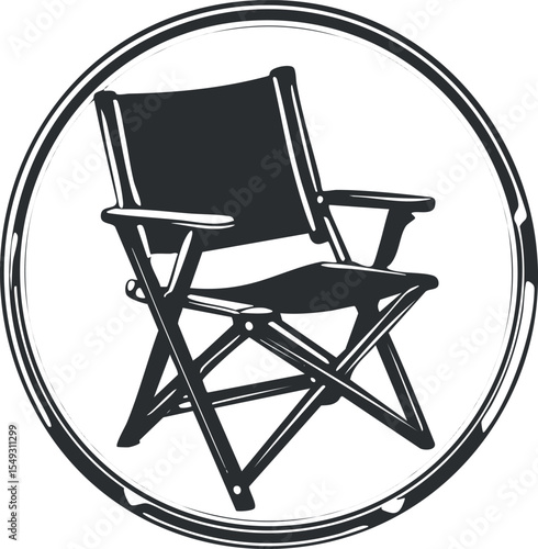 Black and white illustration of a classic folding director chair with armrests inside a circular frame