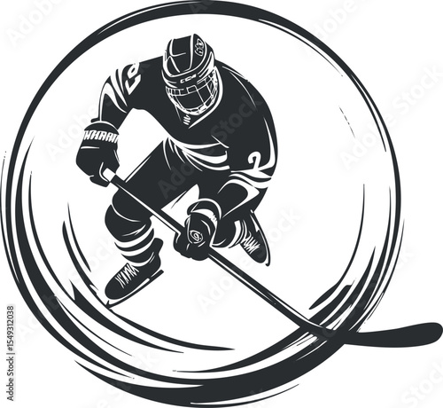Black and white illustration of an ice hockey player in full gear skating with a stick and puck in a dynamic motion circle