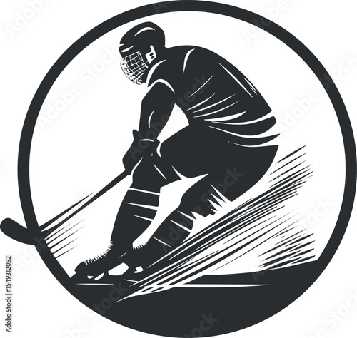 Silhouette of an ice hockey player skating quickly with stick and helmet inside circular frame