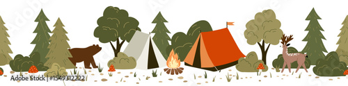 Cute vector seamless hand-drawn border with drawings for camping, tents, landscapes, trees, wild animals