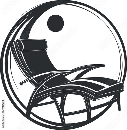 Black and white illustration of a modern rocking chair with a cushioned seat and backrest in a circular frame