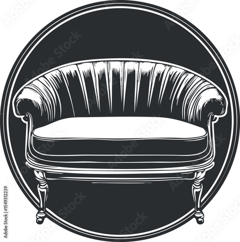 Black and white illustration of an antique vintage sofa with upholstered cushioning and wooden legs in a round frame