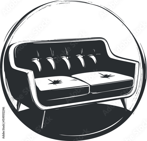 Stylish two-seater sofa with padded cushions and armrests in a circular black and white illustration