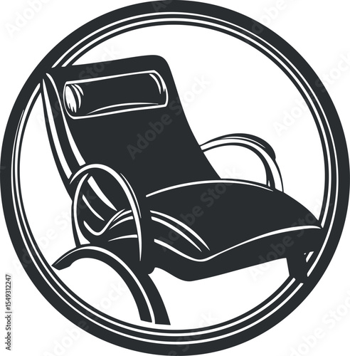 Black and white vector illustration of a modern lounge chair with cushion inside a circular frame