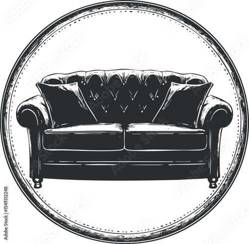 Black and white vintage illustration of a classic tufted sofa with pillows inside a circular frame
