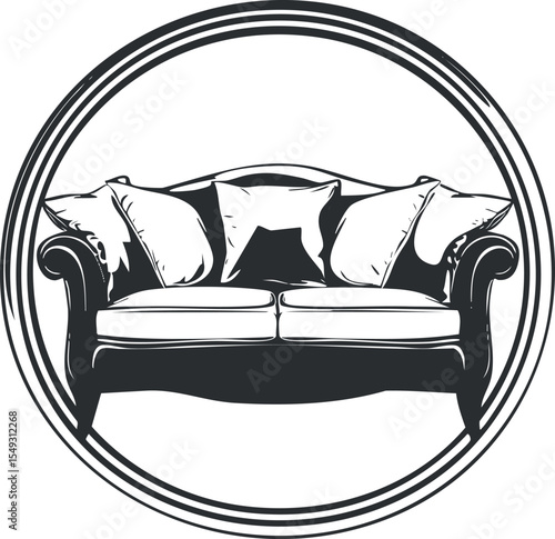 Black and white illustration of a classic sofa with cushions inside a circular frame, symbolizing comfort and home decor.