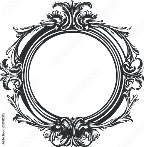 Ornate circular vintage frame with decorative floral and scroll elements in black and white.