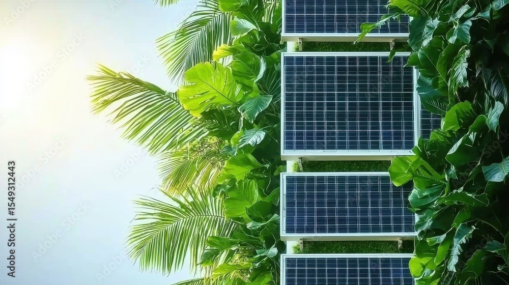 Fototapeta premium Solar panels amidst lush green foliage in bright sunlight