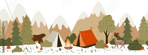 Cute vector seamless hand-drawn border with drawings for camping, tents, landscapes, trees, wild animals