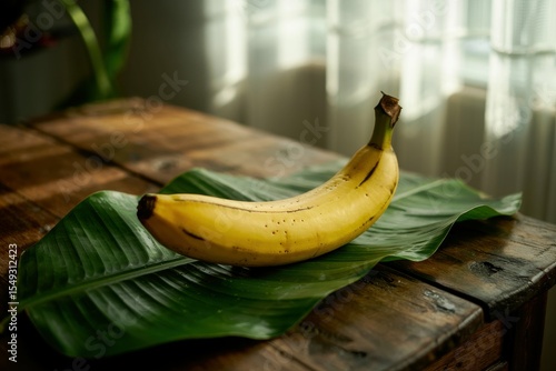 A photograph of a vibrant pisang awak banana resting on a lush green banana leaf