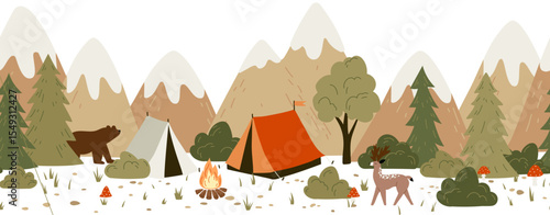 Cute vector seamless hand-drawn border with drawings for camping, tents, landscapes, trees, wild animals