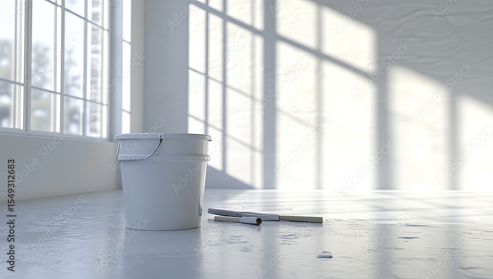 Fototapeta premium Empty room, white paint bucket, and rollers